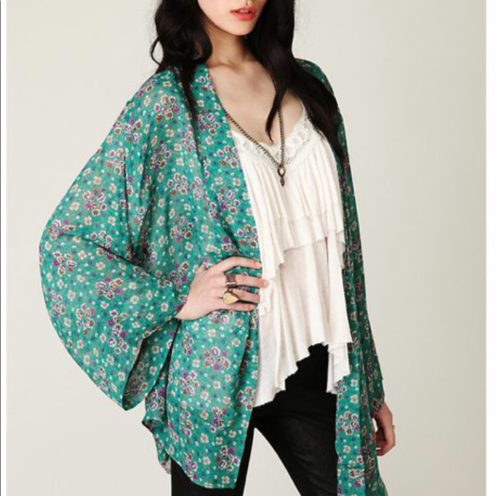 Free People Multicolored Green Floral Kimono